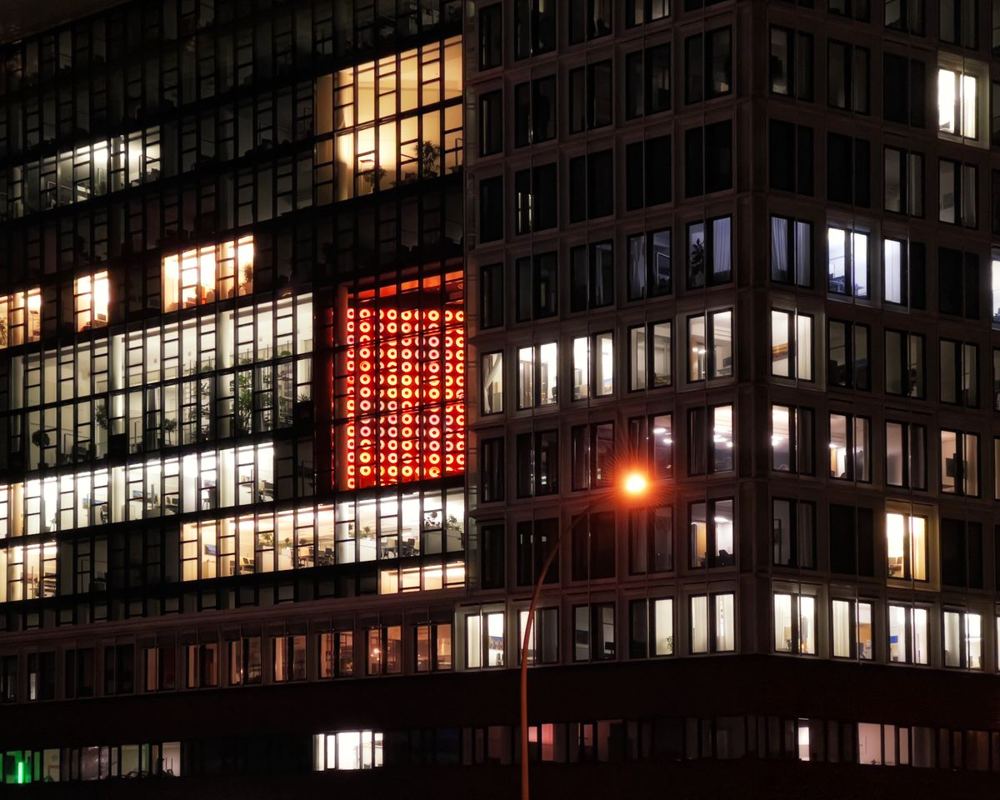 Office building lit up at night