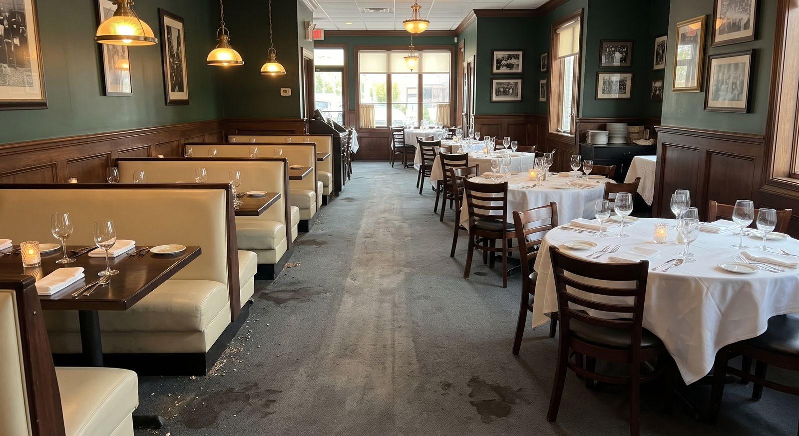 Before cleaning, restaurant dining room carpet